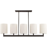 42428-07_02 7.5 inch 5 Light Bronze Linear Chandelier with Hand Crafted Oatmeal Color Fabric Outside & White Fabric Inside Hardback Shade-Lighting LumensChandeliers