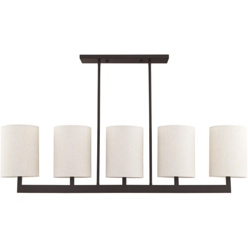 42428-07_02 7.5 inch 5 Light Bronze Linear Chandelier with Hand Crafted Oatmeal Color Fabric Outside & White Fabric Inside Hardback Shade-Lighting LumensChandeliers