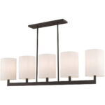 42428-07_03 7.5 inch 5 Light Bronze Linear Chandelier with Hand Crafted Oatmeal Color Fabric Outside & White Fabric Inside Hardback Shade-Lighting LumensChandeliers