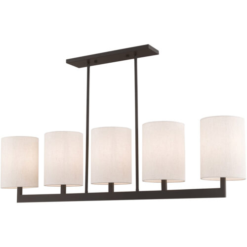 42428-07_03 7.5 inch 5 Light Bronze Linear Chandelier with Hand Crafted Oatmeal Color Fabric Outside & White Fabric Inside Hardback Shade-Lighting LumensChandeliers