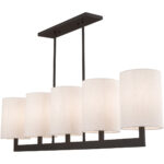 42428-07_04 7.5 inch 5 Light Bronze Linear Chandelier with Hand Crafted Oatmeal Color Fabric Outside & White Fabric Inside Hardback Shade-Lighting LumensChandeliers