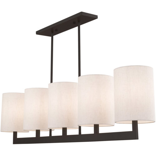 42428-07_04 7.5 inch 5 Light Bronze Linear Chandelier with Hand Crafted Oatmeal Color Fabric Outside & White Fabric Inside Hardback Shade-Lighting LumensChandeliers