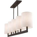 42428-07_05 7.5 inch 5 Light Bronze Linear Chandelier with Hand Crafted Oatmeal Color Fabric Outside & White Fabric Inside Hardback Shade-Lighting LumensChandeliers