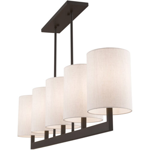 42428-07_05 7.5 inch 5 Light Bronze Linear Chandelier with Hand Crafted Oatmeal Color Fabric Outside & White Fabric Inside Hardback Shade-Lighting LumensChandeliers