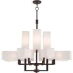 42669-07_01 12 Light Bronze Foyer Chandelier with Hand Crafted Oatmeal Color Fabric Outside & White Fabric Inside Hardbacks Shade-Lighting LumensChandeliers
