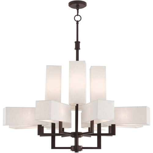 42669-07_01 12 Light Bronze Foyer Chandelier with Hand Crafted Oatmeal Color Fabric Outside & White Fabric Inside Hardbacks Shade-Lighting LumensChandeliers