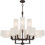 42669-07_03 12 Light Bronze Foyer Chandelier with Hand Crafted Oatmeal Color Fabric Outside & White Fabric Inside Hardbacks Shade-Lighting LumensChandeliers
