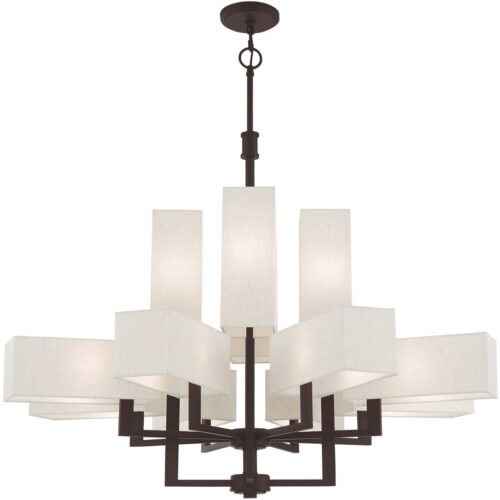 42669-07_03 12 Light Bronze Foyer Chandelier with Hand Crafted Oatmeal Color Fabric Outside & White Fabric Inside Hardbacks Shade-Lighting LumensChandeliers