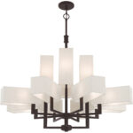 42669-07_04 12 Light Bronze Foyer Chandelier with Hand Crafted Oatmeal Color Fabric Outside & White Fabric Inside Hardbacks Shade-Lighting LumensChandeliers