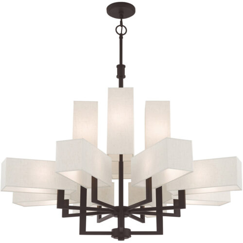42669-07_04 12 Light Bronze Foyer Chandelier with Hand Crafted Oatmeal Color Fabric Outside & White Fabric Inside Hardbacks Shade-Lighting LumensChandeliers