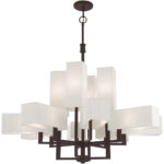 42669-07_05 12 Light Bronze Foyer Chandelier with Hand Crafted Oatmeal Color Fabric Outside & White Fabric Inside Hardbacks Shade-Lighting LumensChandeliers
