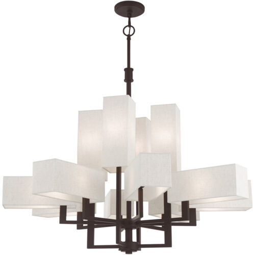 42669-07_05 12 Light Bronze Foyer Chandelier with Hand Crafted Oatmeal Color Fabric Outside & White Fabric Inside Hardbacks Shade-Lighting LumensChandeliers