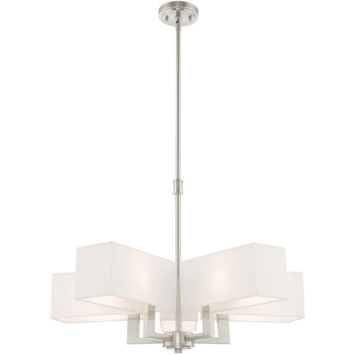 5 Light Brushed Nickel Chandelier with Hand Crafted Off-White Fabric Outside & White Fabric Inside Hardbacks Shade-Lighting LumensChandeliers