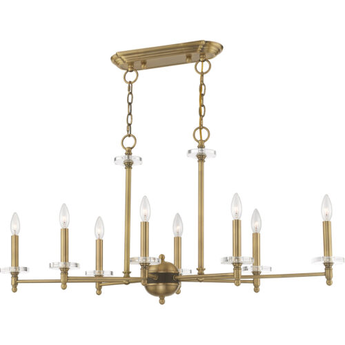 42708-01_01 14 inch 8 Light Antique Brass Linear Chandelier with Clear Crystal Bobeches Shade-Lighting LumensChandeliers