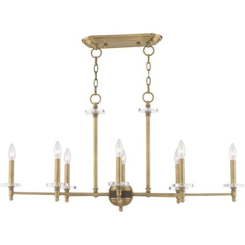42708-01_03 14 inch 8 Light Antique Brass Linear Chandelier with Clear Crystal Bobeches Shade-Lighting LumensChandeliers