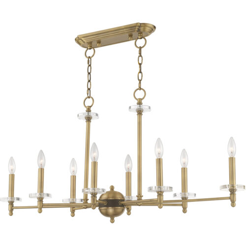 42708-01_04 14 inch 8 Light Antique Brass Linear Chandelier with Clear Crystal Bobeches Shade-Lighting LumensChandeliers