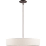 4 Light Bronze Chandelier with Hand Crafted Oatmeal Fabric Hardback Shade-Lighting LumensChandeliers