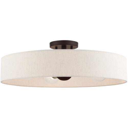 4 Light Bronze Semi Flush Mount with Hand Crafted Oatmeal Fabric Hardback Shade-Lighting LumensSemi Flush