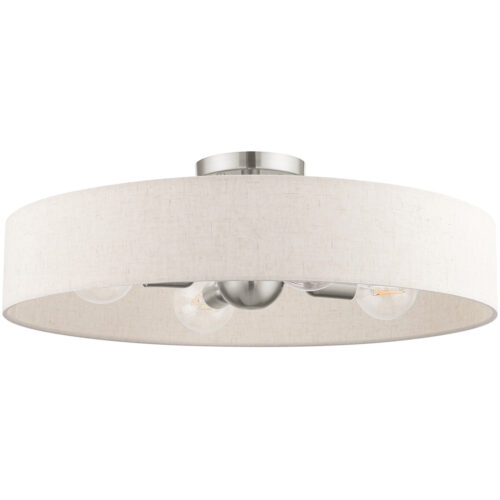 4 Light Brushed Nickel Semi Flush Mount with Hand Crafted Oatmeal Fabric Hardback Shade-Lighting LumensSemi Flush