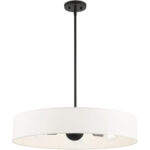 5 Light Black Chandelier with Hand Crafted Off White Fabric Hardback Shade-Lighting LumensChandeliers