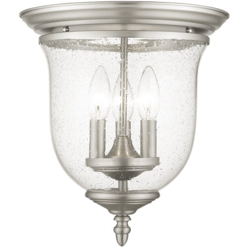 5024-91_01 3 Light Brushed Nickel Ceiling Light fixture with Hand Blown Clear Seeded Glass Shade-Lighting LumensFlush Mount Ceiling Lights