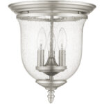 5024-91_02 3 Light Brushed Nickel Ceiling Light fixture with Hand Blown Clear Seeded Glass Shade-Lighting LumensFlush Mount Ceiling Lights