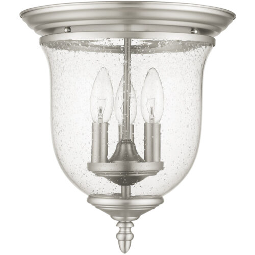 5024-91_02 3 Light Brushed Nickel Ceiling Light fixture with Hand Blown Clear Seeded Glass Shade-Lighting LumensFlush Mount Ceiling Lights