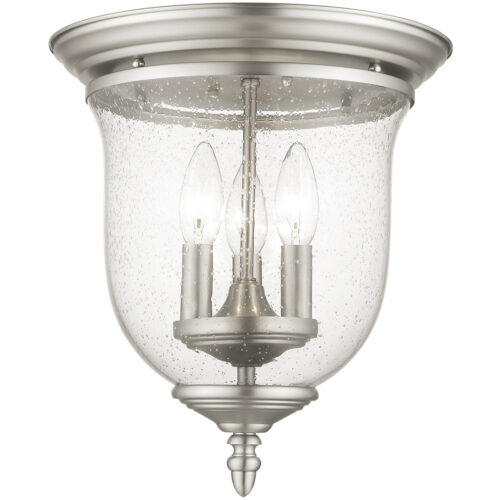 5024-91_03 3 Light Brushed Nickel Ceiling Light fixture with Hand Blown Clear Seeded Glass Shade-Lighting LumensFlush Mount Ceiling Lights