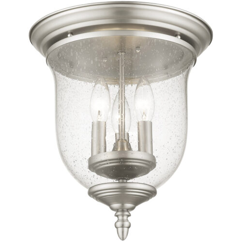 5024-91_04 3 Light Brushed Nickel Ceiling Light fixture with Hand Blown Clear Seeded Glass Shade-Lighting LumensFlush Mount Ceiling Lights