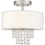 51025-91_01 2 Light Brushed Nickel Ceiling Light fixture with Clear Crystals/ Hand Crafted Off-White Fabric Hardback Shade-Lighting LumensFlush Mount Ceiling Lights