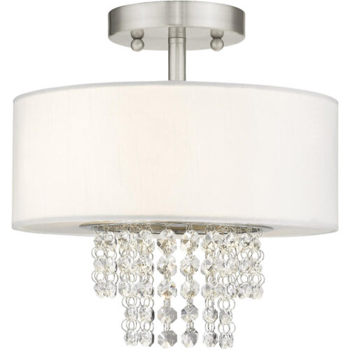 51025-91_01 2 Light Brushed Nickel Ceiling Light fixture with Clear Crystals/ Hand Crafted Off-White Fabric Hardback Shade-Lighting LumensFlush Mount Ceiling Lights