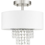 51025-91_02 2 Light Brushed Nickel Ceiling Light fixture with Clear Crystals/ Hand Crafted Off-White Fabric Hardback Shade-Lighting LumensFlush Mount Ceiling Lights
