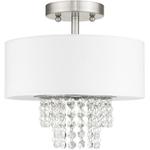 51025-91_02 2 Light Brushed Nickel Ceiling Light fixture with Clear Crystals/ Hand Crafted Off-White Fabric Hardback Shade-Lighting LumensFlush Mount Ceiling Lights