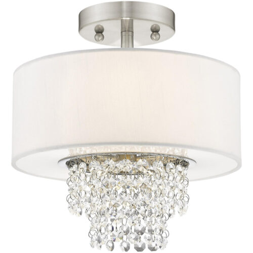 51025-91_03 2 Light Brushed Nickel Ceiling Light fixture with Clear Crystals/ Hand Crafted Off-White Fabric Hardback Shade-Lighting LumensFlush Mount Ceiling Lights