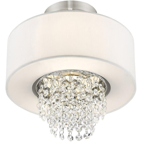 51025-91_04 2 Light Brushed Nickel Ceiling Light fixture with Clear Crystals/ Hand Crafted Off-White Fabric Hardback Shade-Lighting LumensFlush Mount Ceiling Lights