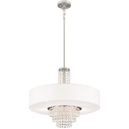 5 Light Brushed Nickel Chandelier with Clear Crystals/ Hand Crafted Off-White Fabric Hardback Shade-Lighting LumensChandeliers