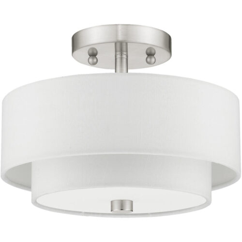 51042-91_02 2 Light Brushed Nickel Ceiling Light fixture with Hand Crafted Off-White Fabric Hardback Shade-Lighting LumensFlush Mount Ceiling Lights