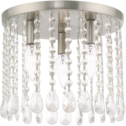 51067-91_01 3 Light Brushed Nickel Ceiling Light fixture with Clear Crystals Shade-Lighting LumensFlush Mount Ceiling Lights