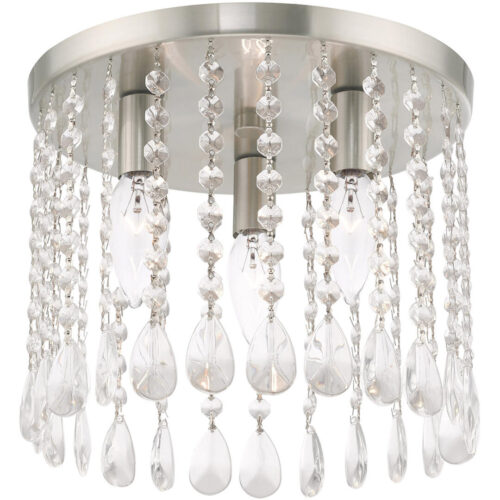 51067-91_03 3 Light Brushed Nickel Ceiling Light fixture with Clear Crystals Shade-Lighting LumensFlush Mount Ceiling Lights