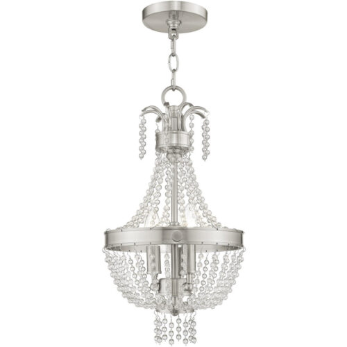 51853-91_01 3 Light Brushed Nickel Mini Pendant light Hanging Light Fixture with Clear Crystals Shade-Lighting LumensPendant Lights