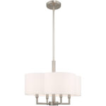 4 Light Brushed Nickel Pendant Chandelier with Hand Crafted Off-White Fabric Hardback Shade-Lighting LumensChandeliers