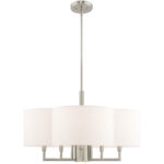 51925-91_01 6 Light Brushed Nickel Pendant Chandelier with Hand Crafted Off-White Fabric Hardback Shade-Lighting LumensChandeliers