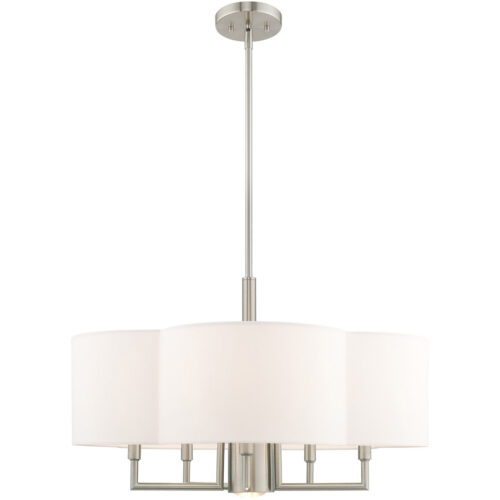 51925-91_01 6 Light Brushed Nickel Pendant Chandelier with Hand Crafted Off-White Fabric Hardback Shade-Lighting LumensChandeliers