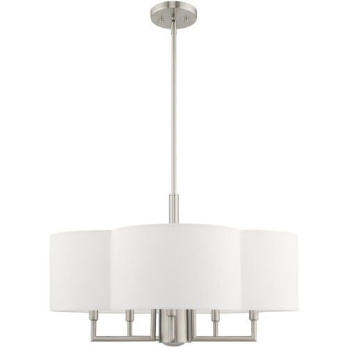 51925-91_02 6 Light Brushed Nickel Pendant Chandelier with Hand Crafted Off-White Fabric Hardback Shade-Lighting LumensChandeliers