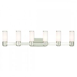46 inch 6 Light Polished Nickel Wall Sconce/ Bathroom Vanity light fixture with White Glass Shade-Lighting LumensWall Sconces