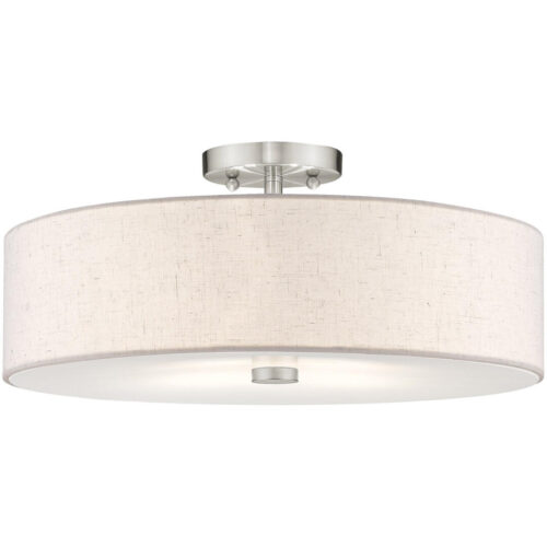 52136-91_01 4 Light Brushed Nickel Ceiling Light fixture with Hand Crafted Oatmeal Color Fabric Hardback Shade-Lighting LumensFlush Mount Ceiling Lights