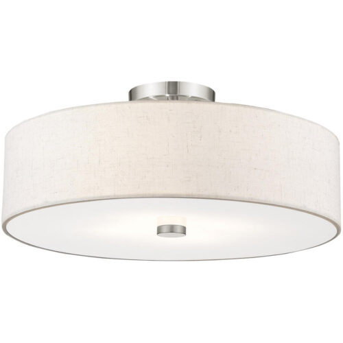 52136-91_04 4 Light Brushed Nickel Ceiling Light fixture with Hand Crafted Oatmeal Color Fabric Hardback Shade-Lighting LumensFlush Mount Ceiling Lights