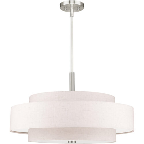 52138-91_02 5 Light Brushed Nickel Pendant light Hanging Light Fixture with Hand Crafted Oatmeal Color Fabric Hardback Shade-Lighting LumensPendant Lights