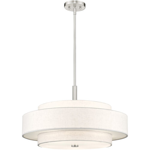 52138-91_04 5 Light Brushed Nickel Pendant light Hanging Light Fixture with Hand Crafted Oatmeal Color Fabric Hardback Shade-Lighting LumensPendant Lights