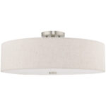 5 Light Brushed Nickel Ceiling Light fixture with Hand Crafted Oatmeal Fabric Hardback Shade-Lighting LumensFlush Mount Ceiling Lights